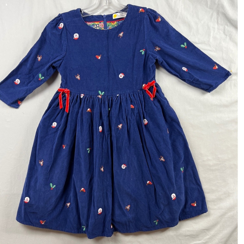 Mini Boden Corduroy Dress Kids 11-12Y Blue Holiday Embroidery Velvet Bows
